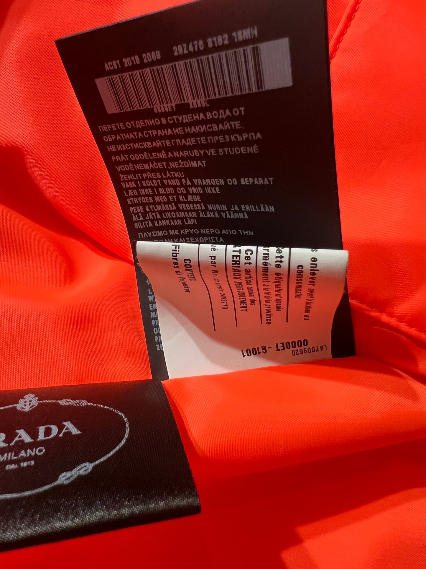 2018 “Fluorescent Tangerine” Prada x Linea Rossa Nylon Puffer - S